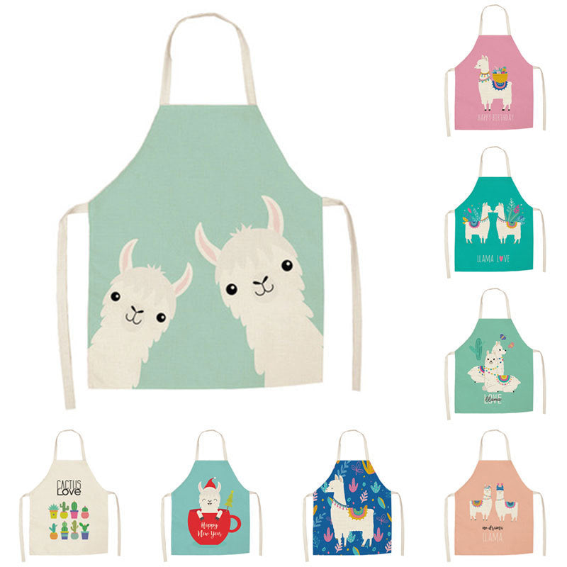 Cartoon Alpaca Cactus Cotton Linen Apron