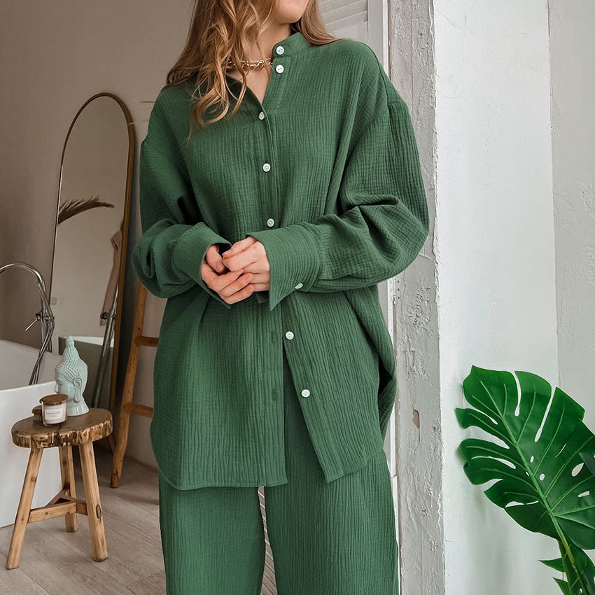 Shirt Double-layer Crepe Loose Long Sleeve Trousers Suit