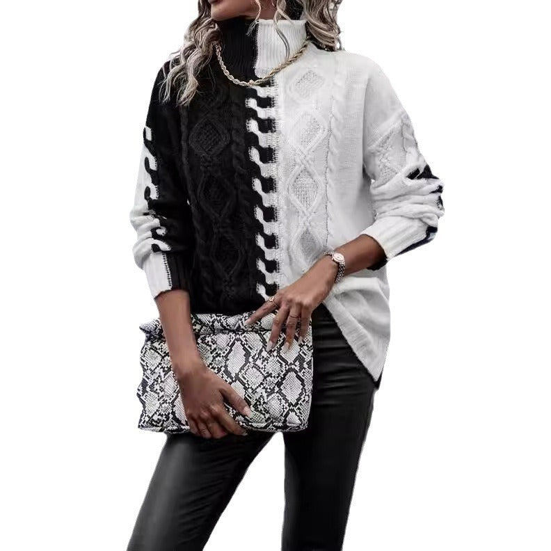 Fashion Color Contrast Black And White Splicing Knitwear Top
