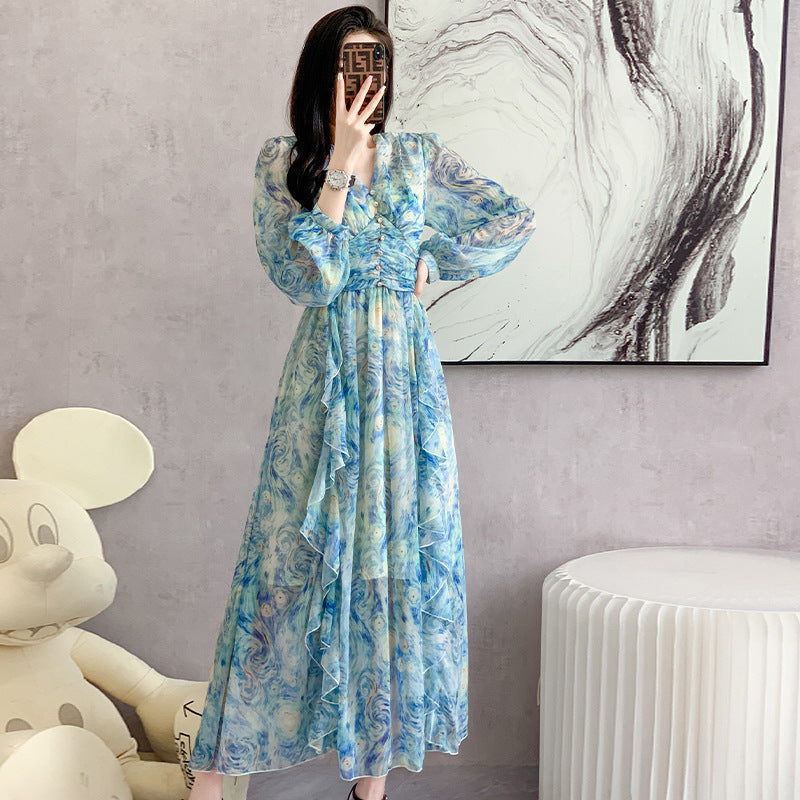 Printed Long Dress Star Yarn Chiffon Ruffled Swing Dress