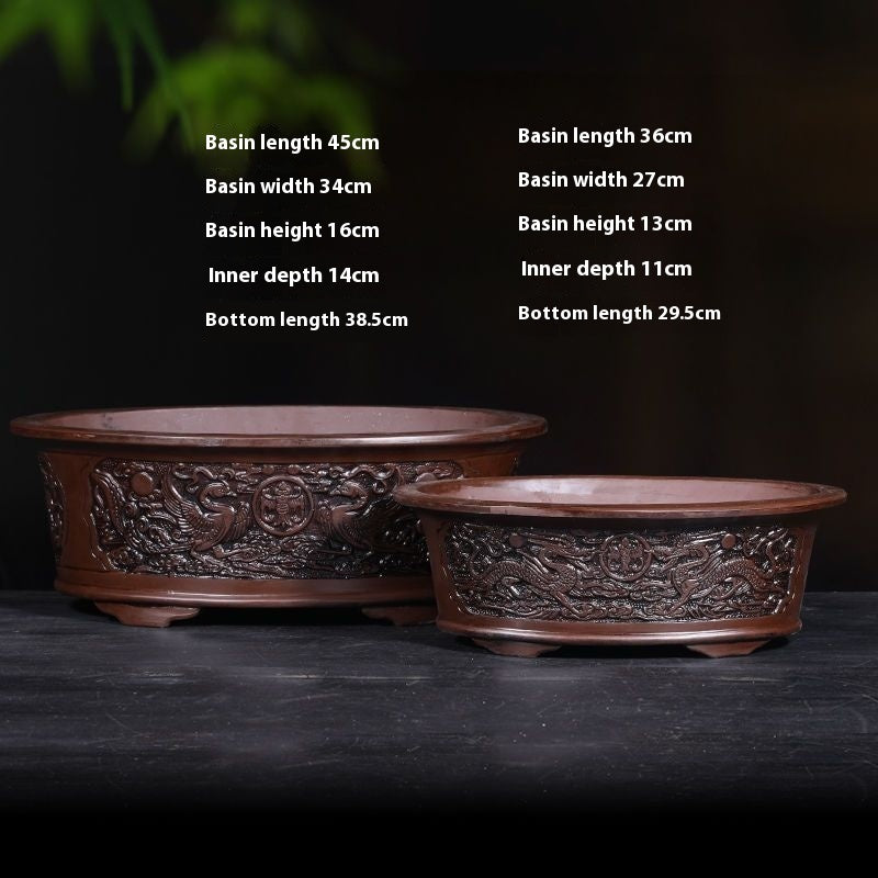 Banyan Flower Pot Purple Sand Relief Pachira Macrocarpa Welcome Pine Happiness Tree Ganoderma Old Pile Extra Large Ceramic Landscape Basin