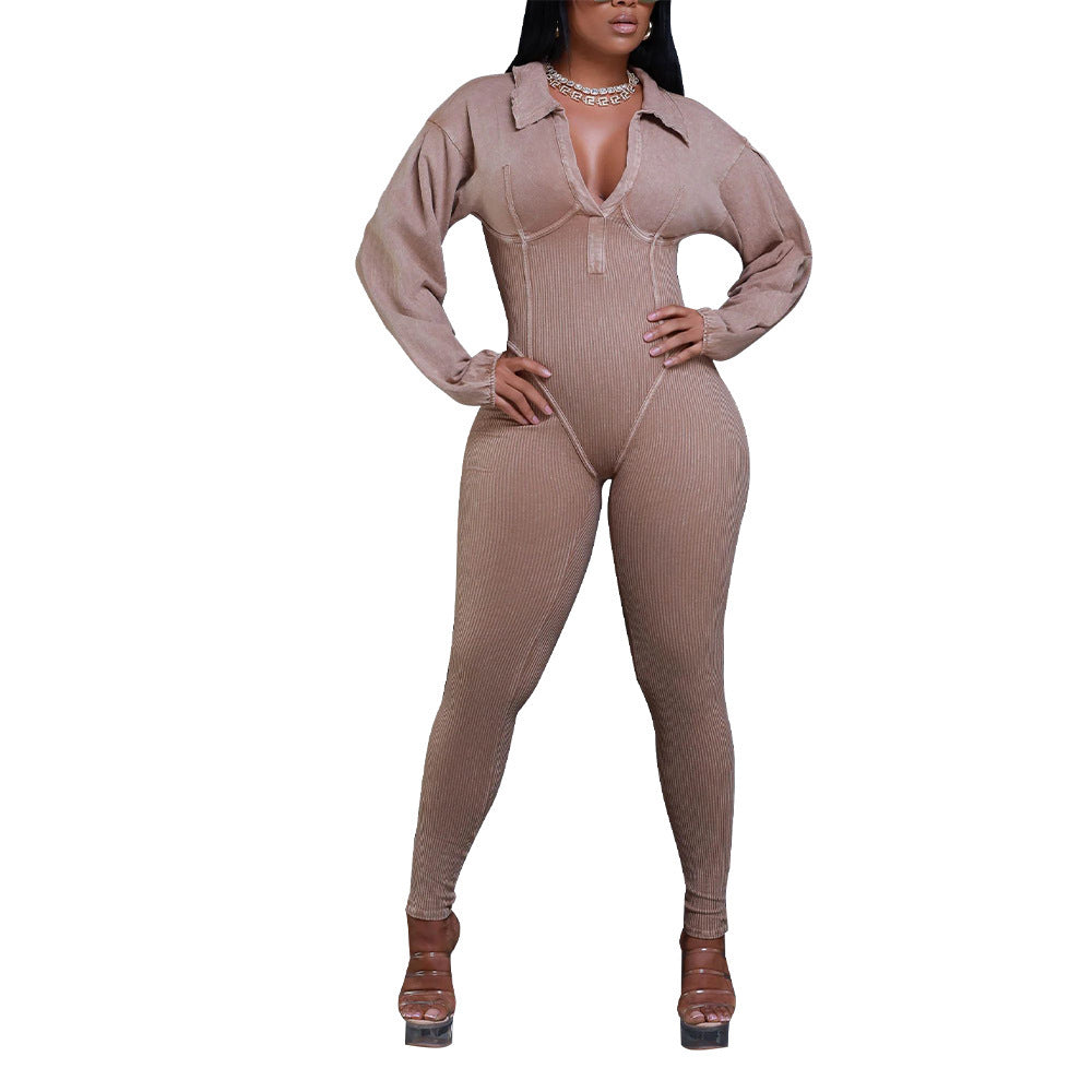 Women's Clothing V-neck Gigot Sleeve Tight Stitching Jumpsuit