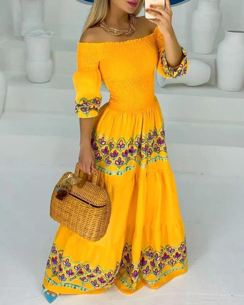 High Waist Temperament National Style Printed Strap Type Loose Yellow Dress
