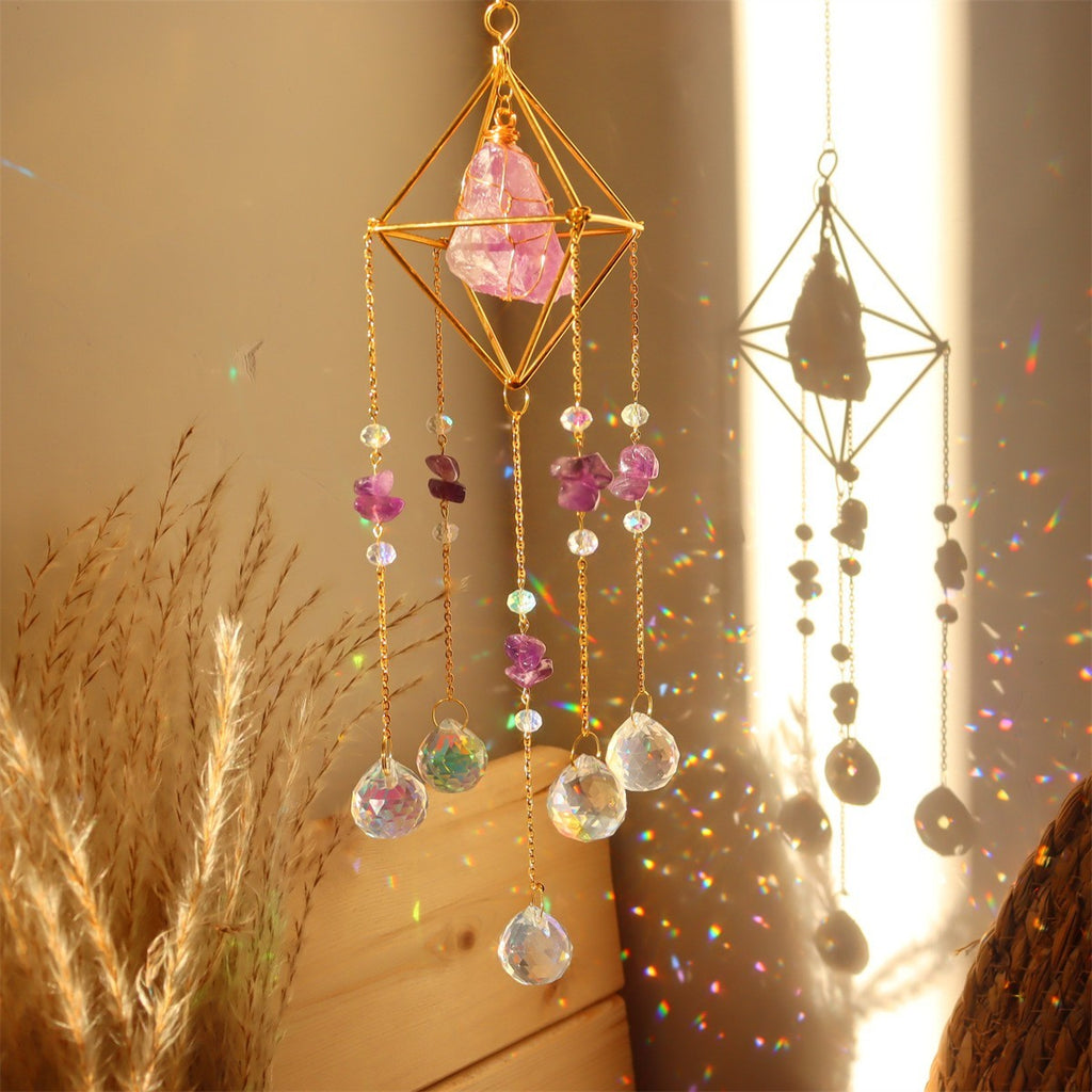 Natural Stone Metal Crystal Ball Wind Chime Pendant