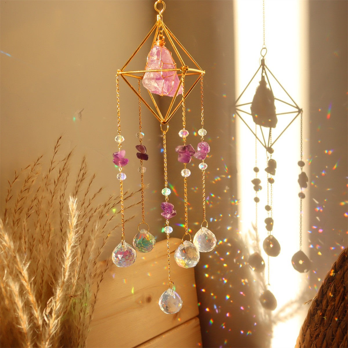 Natural Stone Metal Crystal Ball Wind Chime Pendant