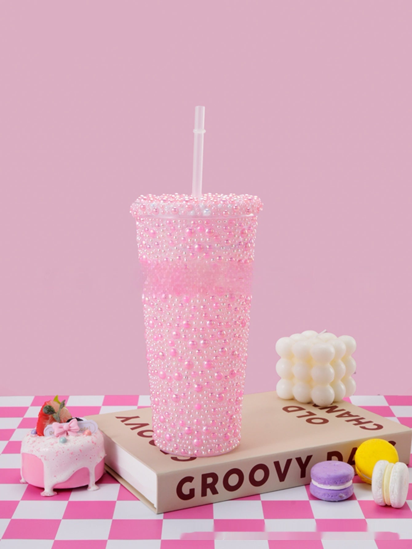 Stick-on Crystals Double-layer Large Capacity Cup With Straw