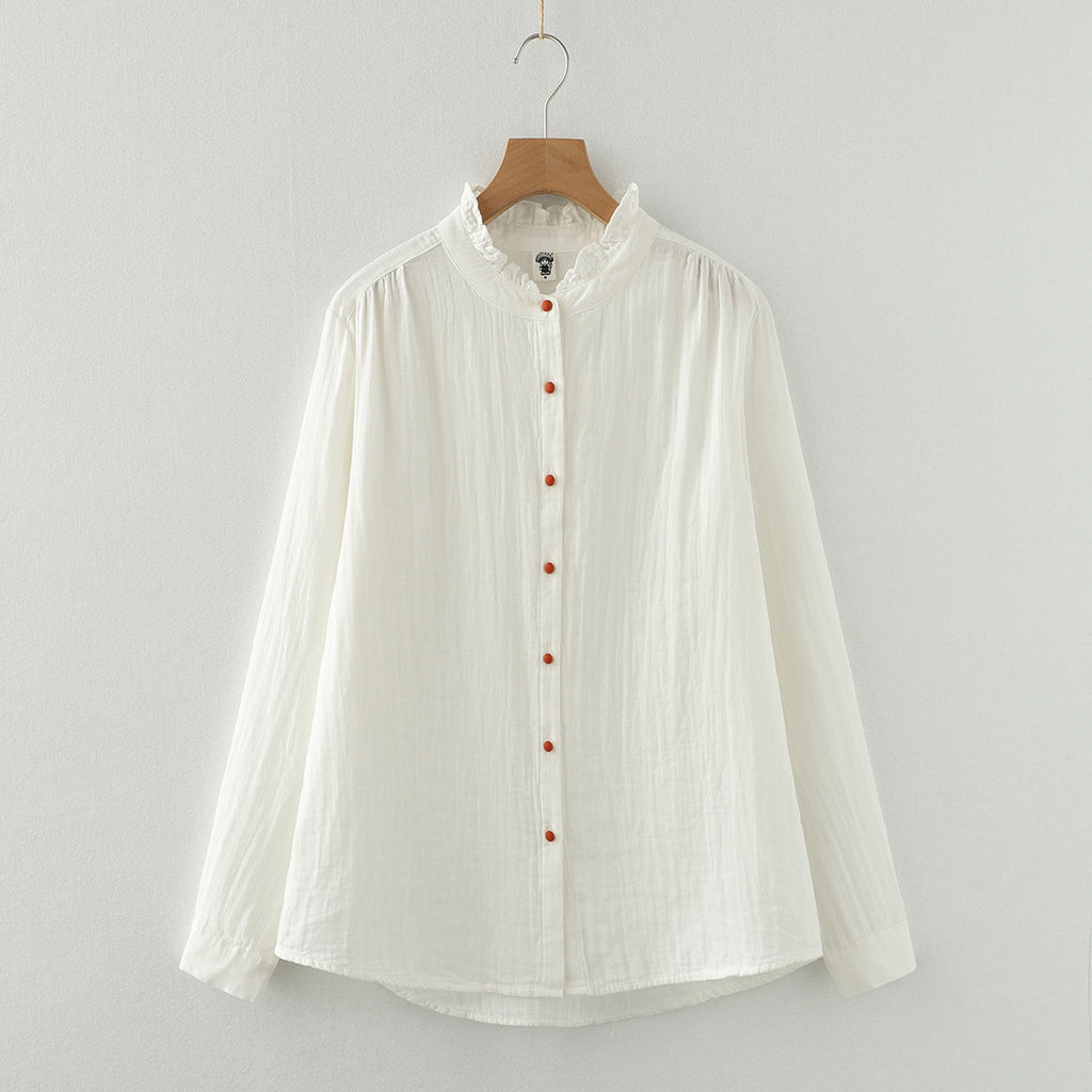 Color Buckle Lace Double-layer Cotton Yarn Long Sleeves White Shirt