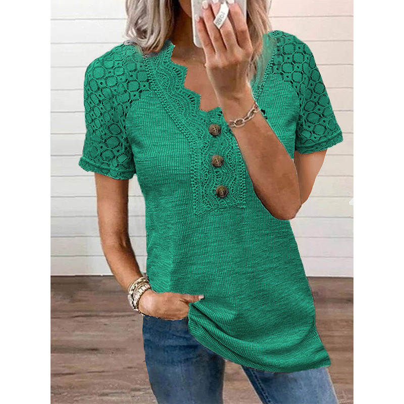 Casual Solid Color Lace V-neck Patchwork Top T-shirt With Short Sleeves