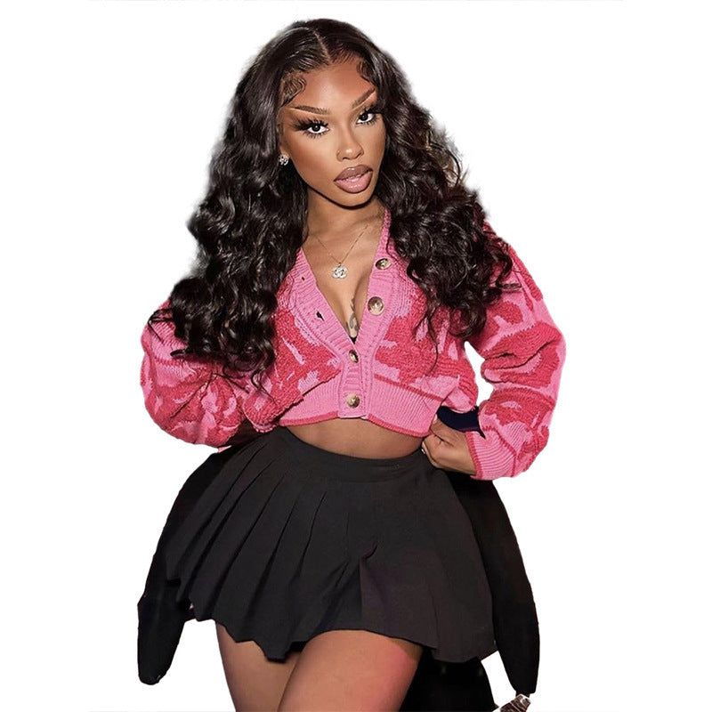 Fall Fashion Sweet Color-block V Neck Buckle High Waist Slim-fit Knitted Top Women