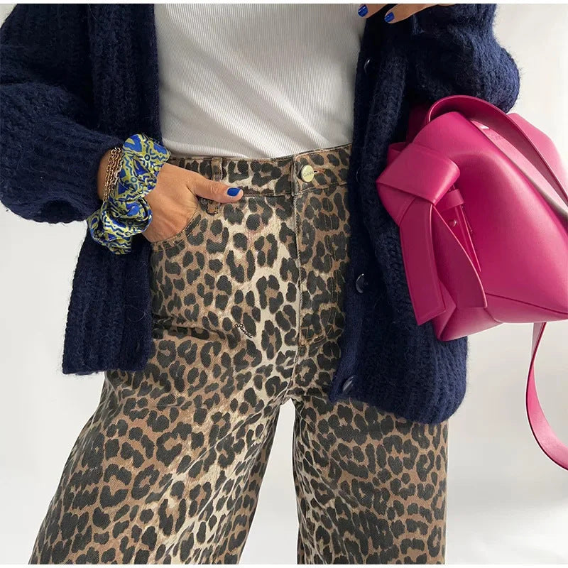 Women's New Leopard Print High Waist Casual Straight Pants