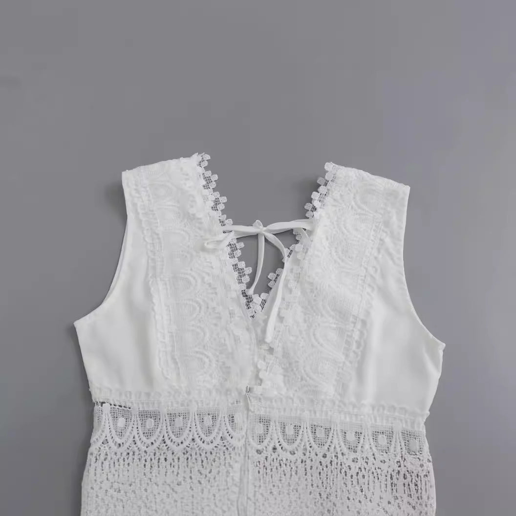 Women's Spring Fashion Simple Lace Stitching White Dress
