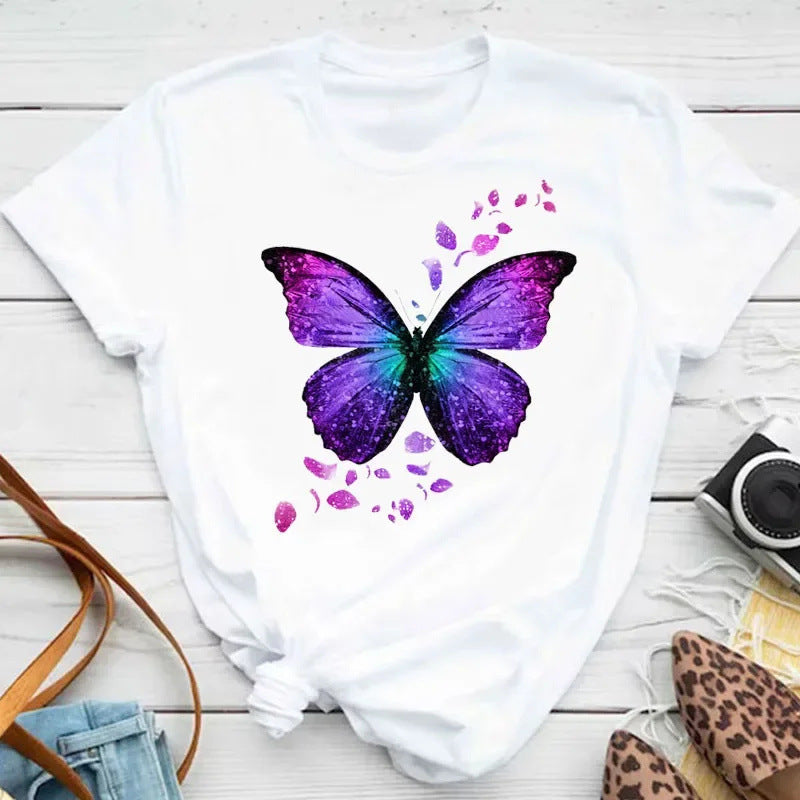 Colorized Butterfly Petal Printed T-shirt Short Sleeve Round Neck