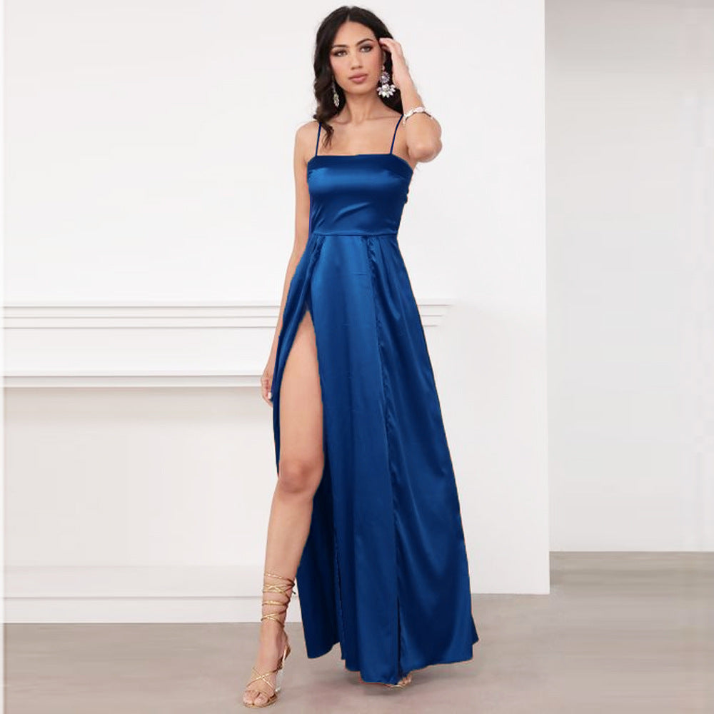Satin Chest Wrap Backless Slit Slim Temperament Commute Solid Color Strap Type Dress