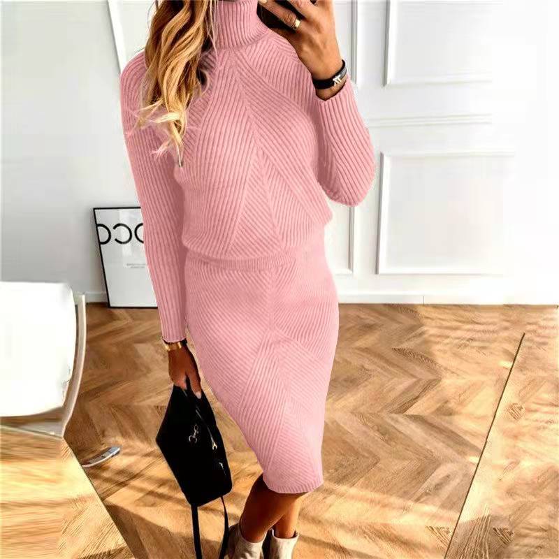 Turtleneck Knitting Solid Color Suit Skirt