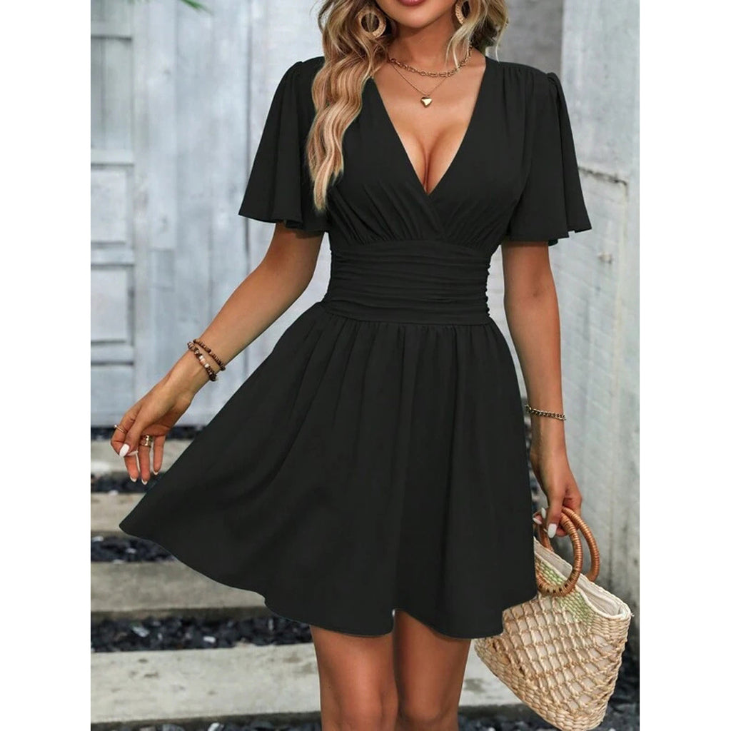 Women's V-neck Butterfly Sleeve Pleated Waist Dress