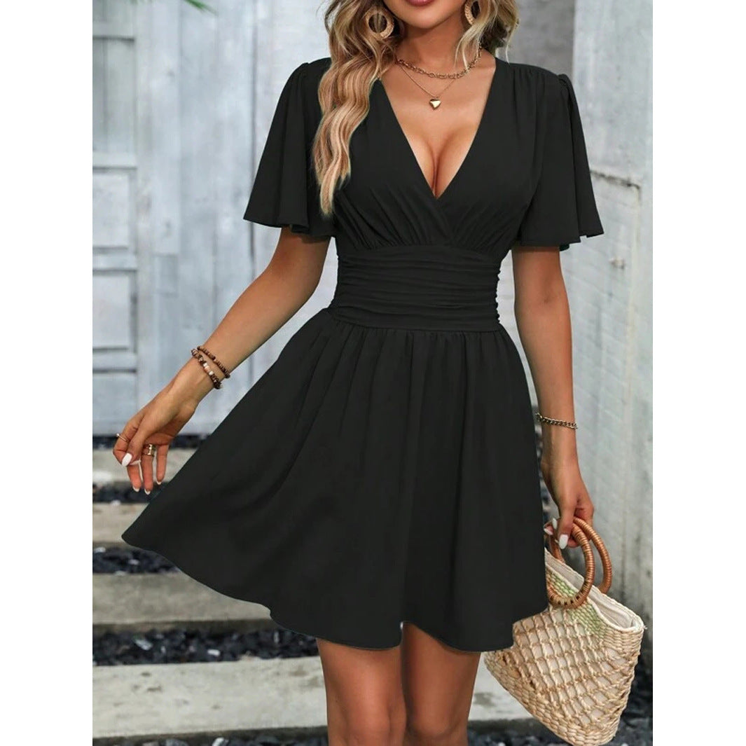 Women's V-neck Butterfly Sleeve Pleated Waist Dress