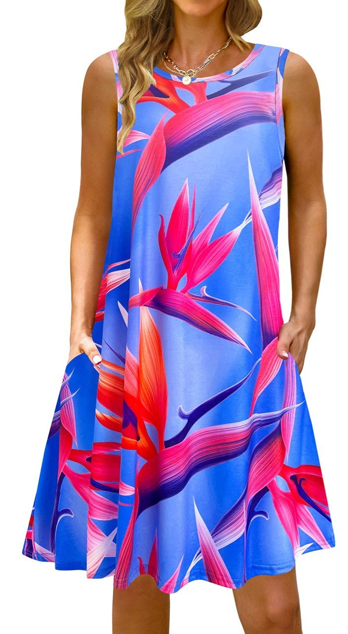 Printed Vest Pocket Dress Women