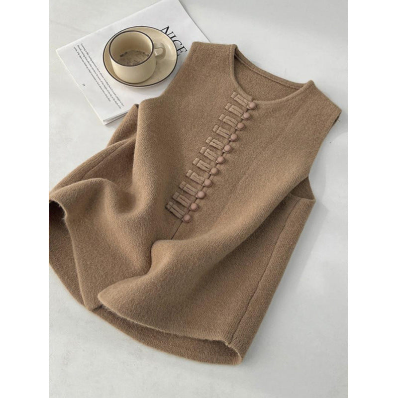 Knitted Vest Western Style Minimalist Sleeveless Chinese Knot Button Top