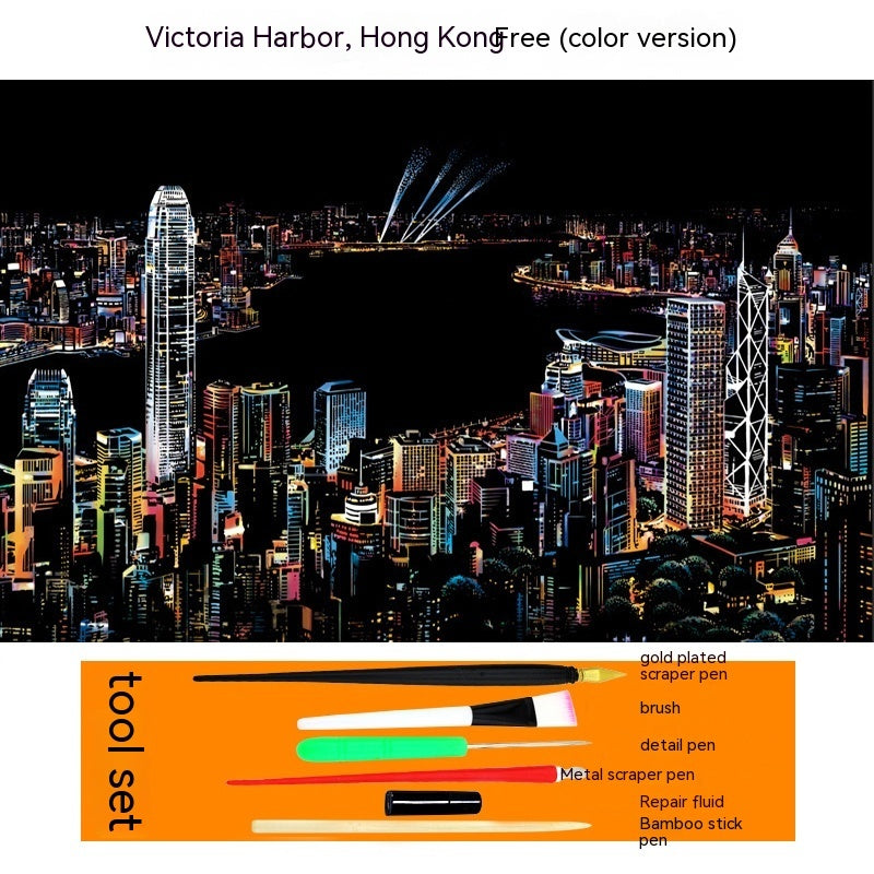 Colourful City Night Scene Hand Scratch Painting