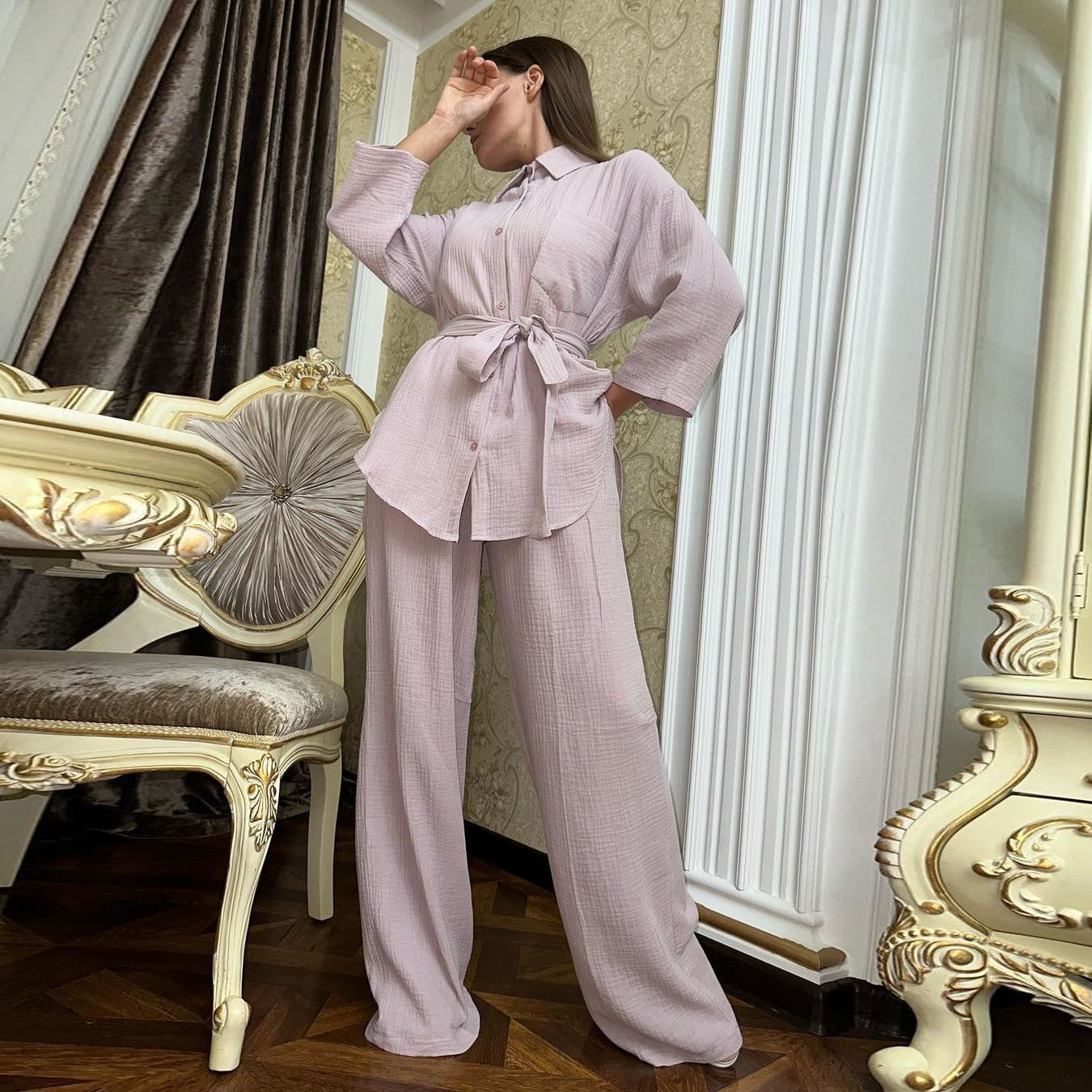 Fashion Loose-fitting Long Sleeves Lace-up Shirt Wide Leg Trousers Suit