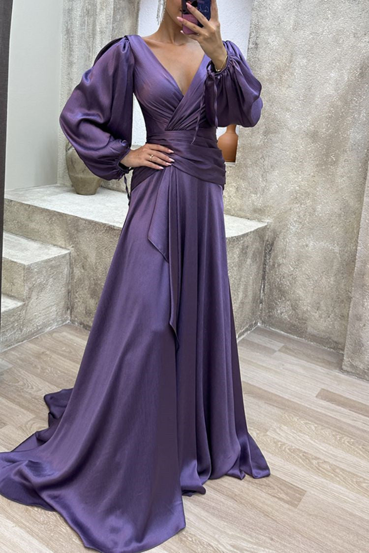 Fitted Waist Pleated Long Sleeve Temperament Slimming Dress