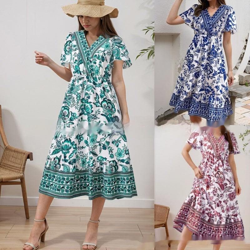 Bohemian Dress Leisure Holiday Floral Print Short-sleeved Midiskirt