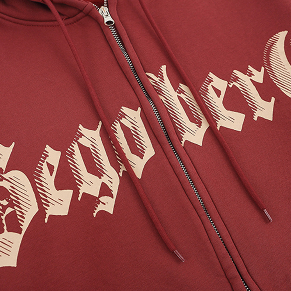 Creative Letters Printing Plus Velvet Hooded Cardigan Sweaters Menswear Loose Zipped Sports Coat