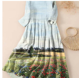 Summer European And American Women's Loose Round Neck Fashion Advanced Long Sleeve 3D Printing Dress