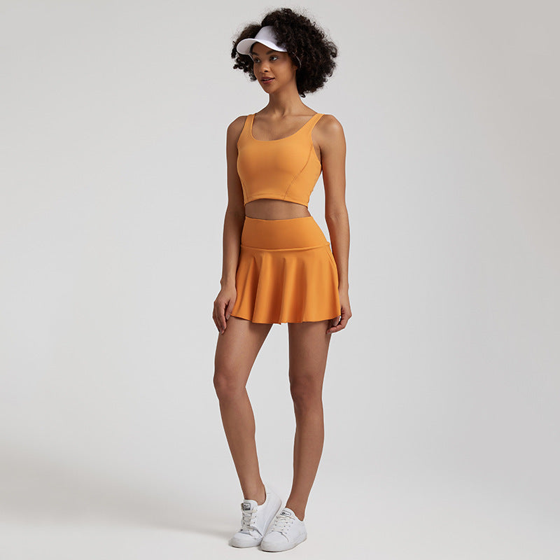Nude Feel Outdoor Running Fitness Casual Pleated Mini Skirt Vest Suit