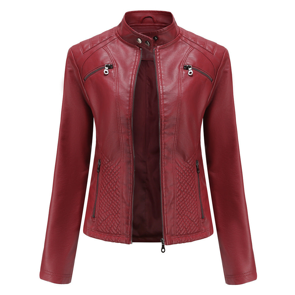 Women's Fashion Standing Collar Faux Leather Slim Type Without Belt Long Sleeve Jacket