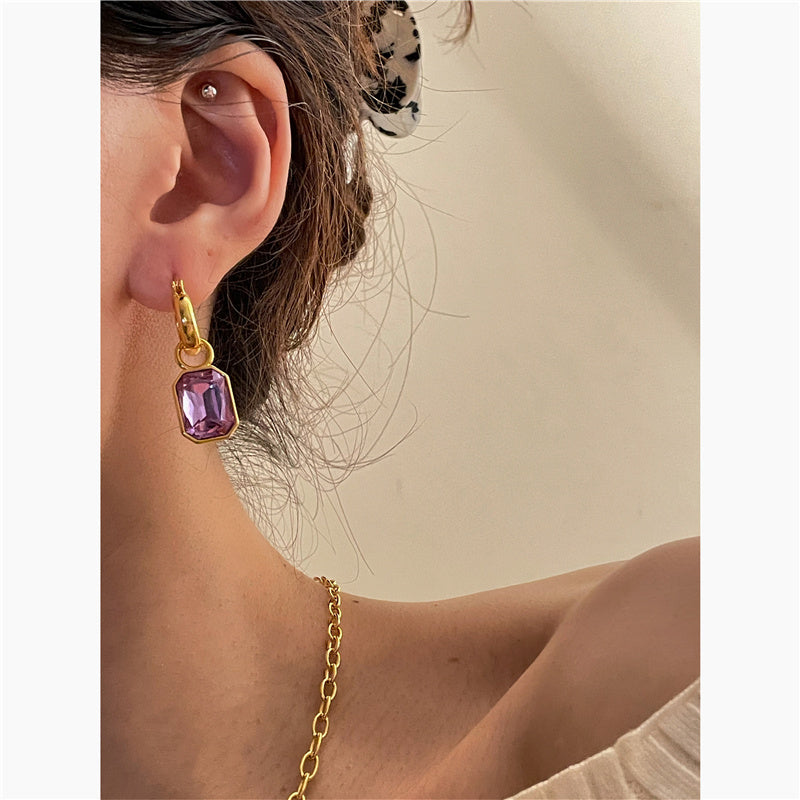 French Pastoral Vintage Antique Brass Color Stone Earrings Women