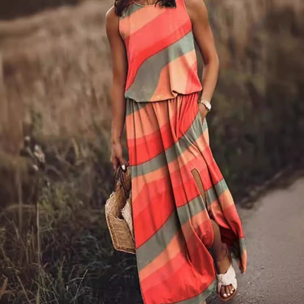 Sleeveless Printed Sling Long Women's Loose Split Dress