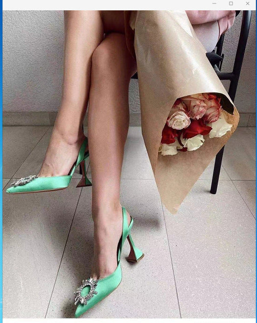 Glittering Rhinestone Satin Wine Glass Heel Shoes Baotou Slippers