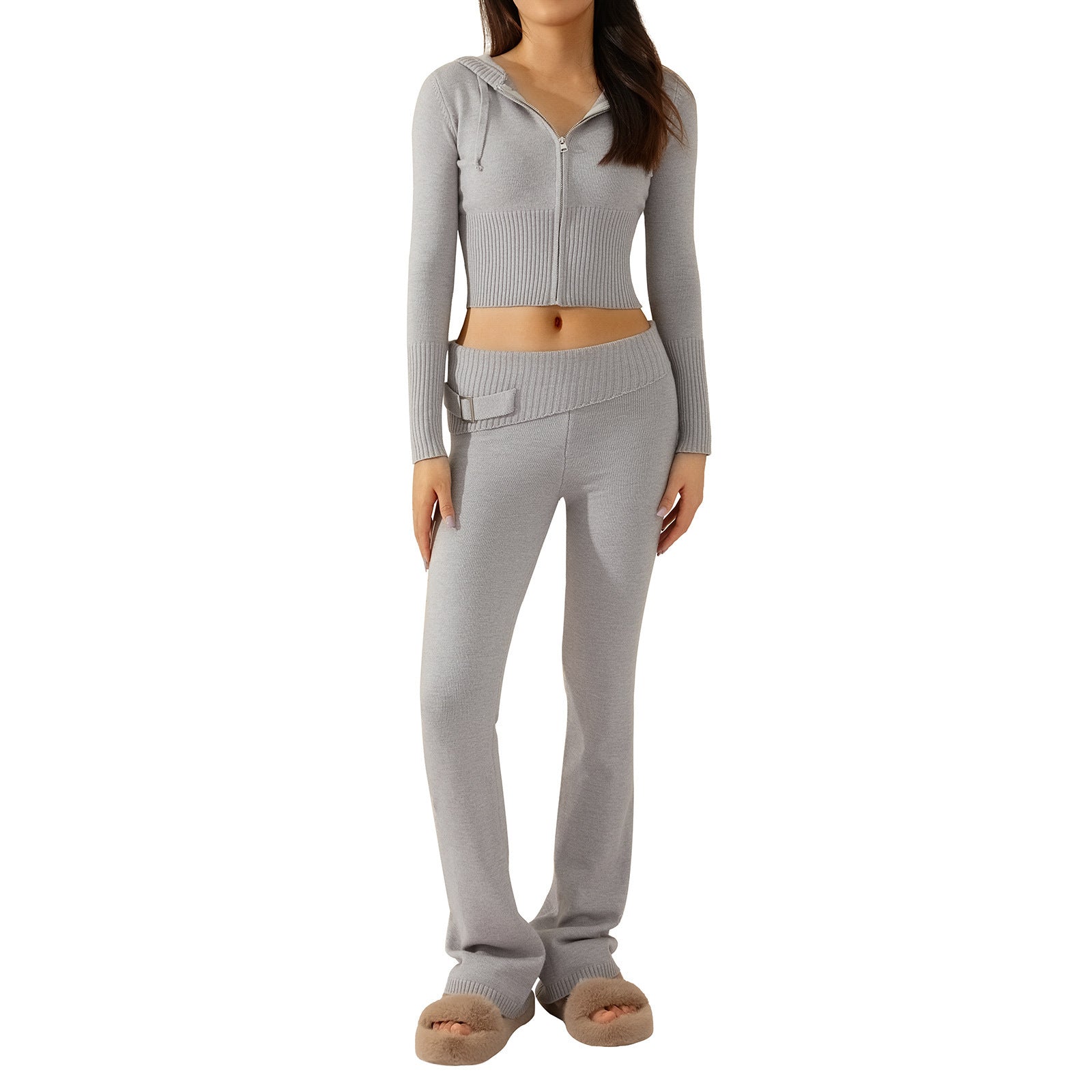 Style Cross-border Knitted Hooded Suits Fashion Sexy High Waist Long Sleeves Trousers Two-piece Set