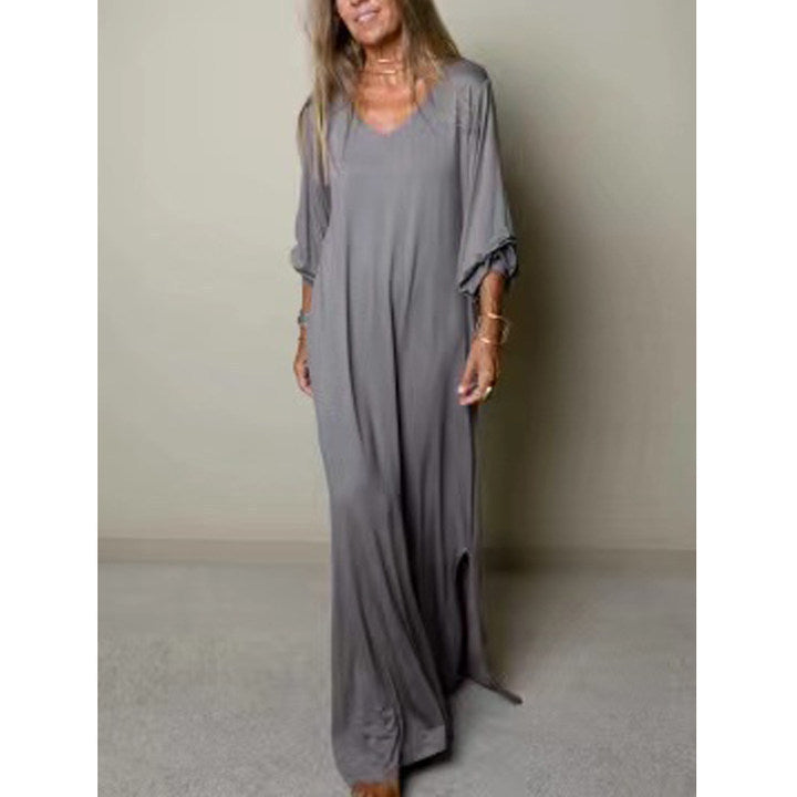 Cross-border Amazon Hot Sale Ladies Casual Robe Plain Long Sleeve Split Dress