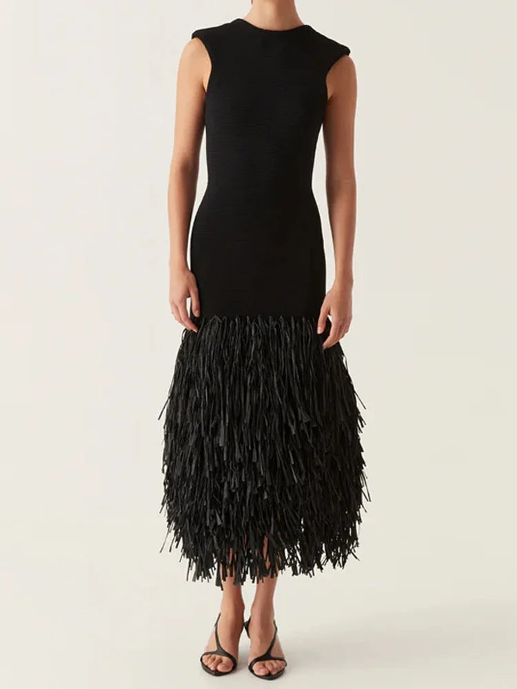 Solid Color Hem Fringe Knitted Halter Dress