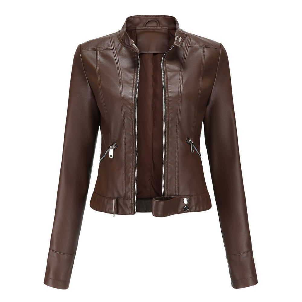 Ladies Leather Jacket With Stand-up Collar