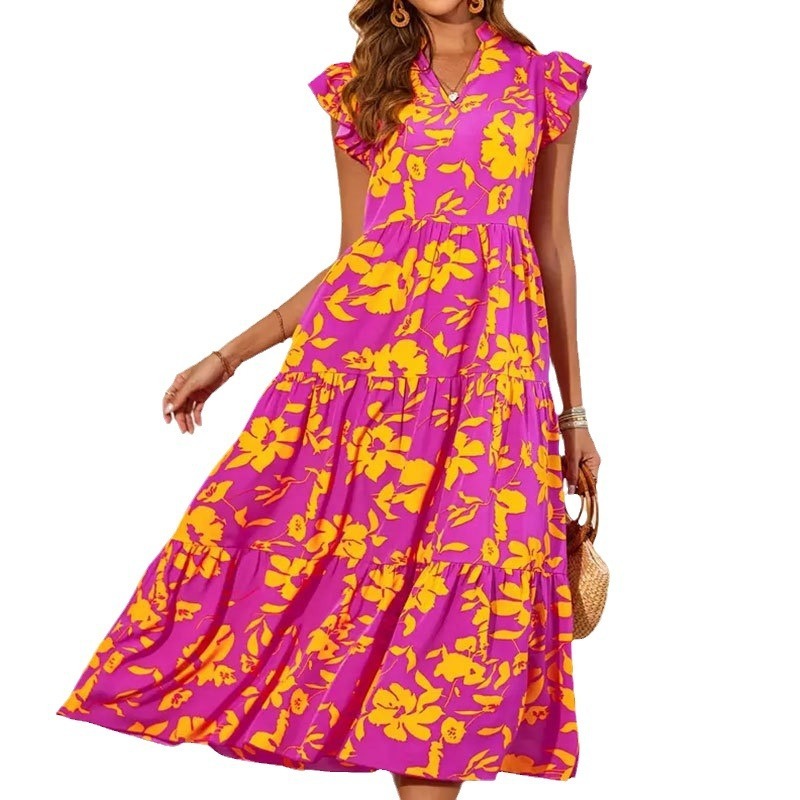 Ruffled Vacation Style Sleeveless Printed Dress