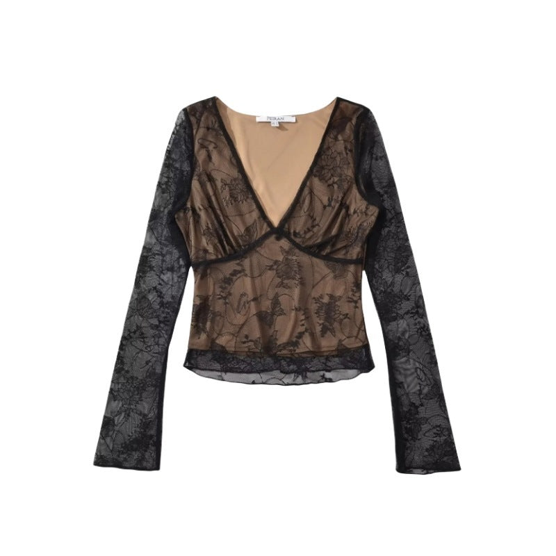 Deep V-neck Long Sleeve Lace Stitching Sheer Long Sleeve Top Low Waist Irregular Skirt Suit