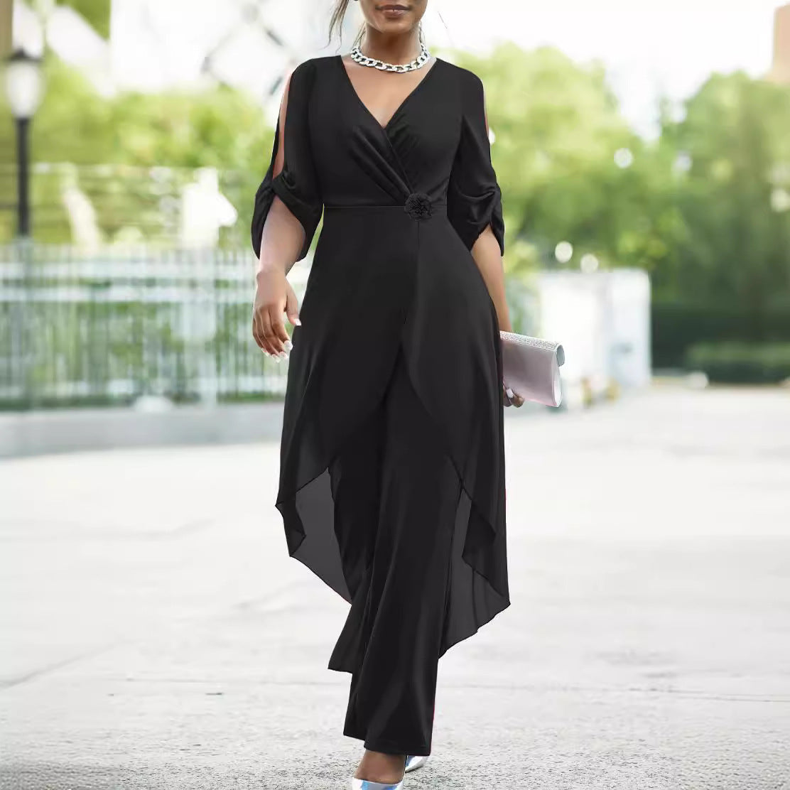 Casual Solid Color Elegant Slim V-neck Elegant One-piece Trousers