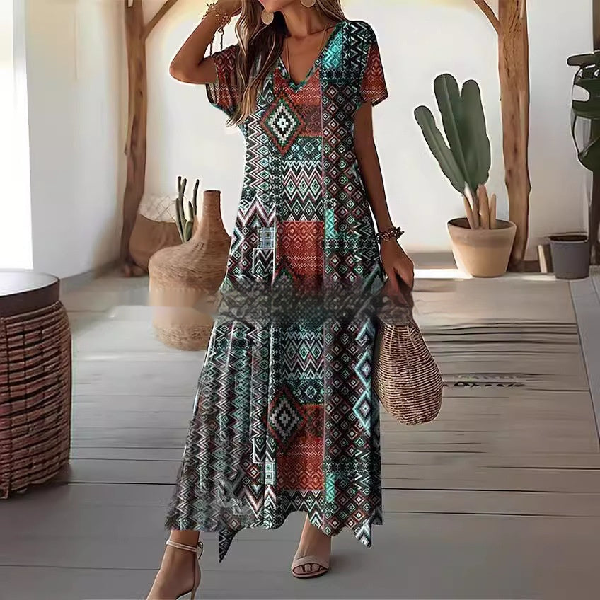 Women's Fashion Summer Printed V-neck Dress