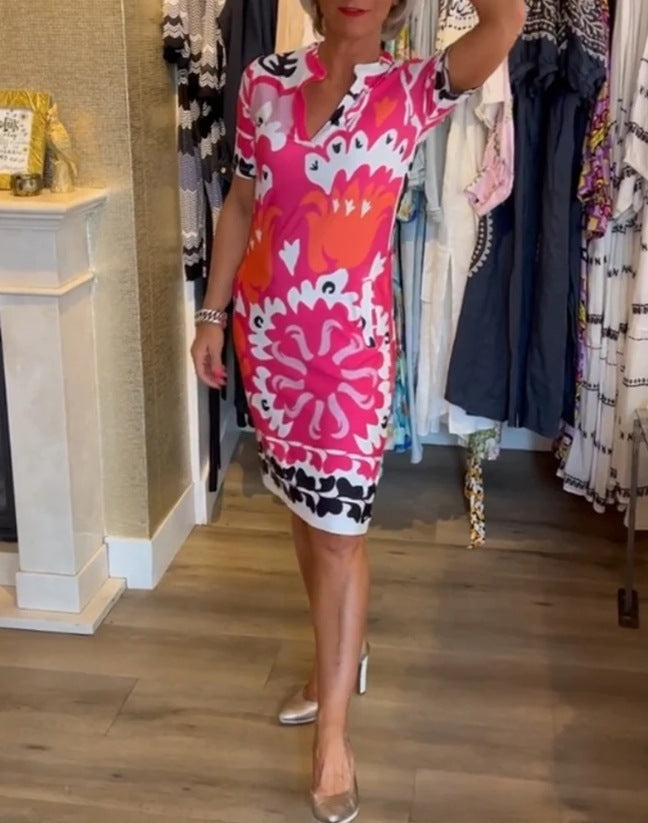 Women's Graceful And Fashionable Short Sleeve Printed V-neck Dress