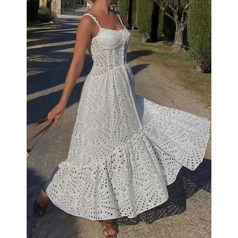 Women's Spaghetti-strap Ruffle Embroidered Hollow Lace Dress