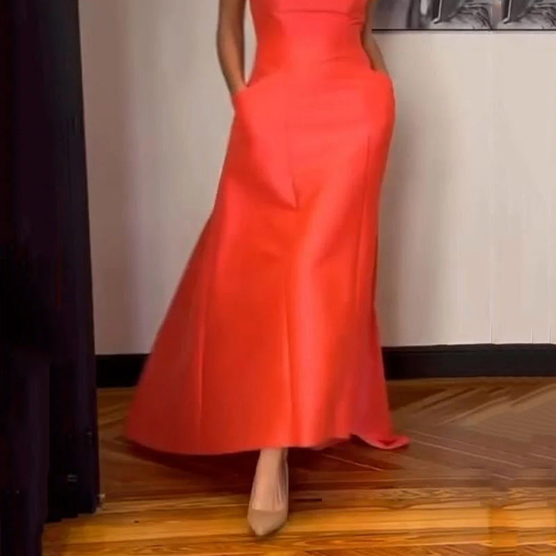 Fashionable Waistband Solid Color Dress