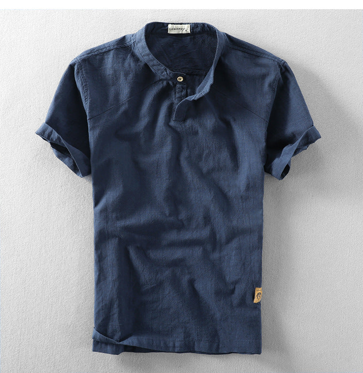 Casual Chinese Style Loose Standing Collar Cotton Linen Short Sleeved Shirt