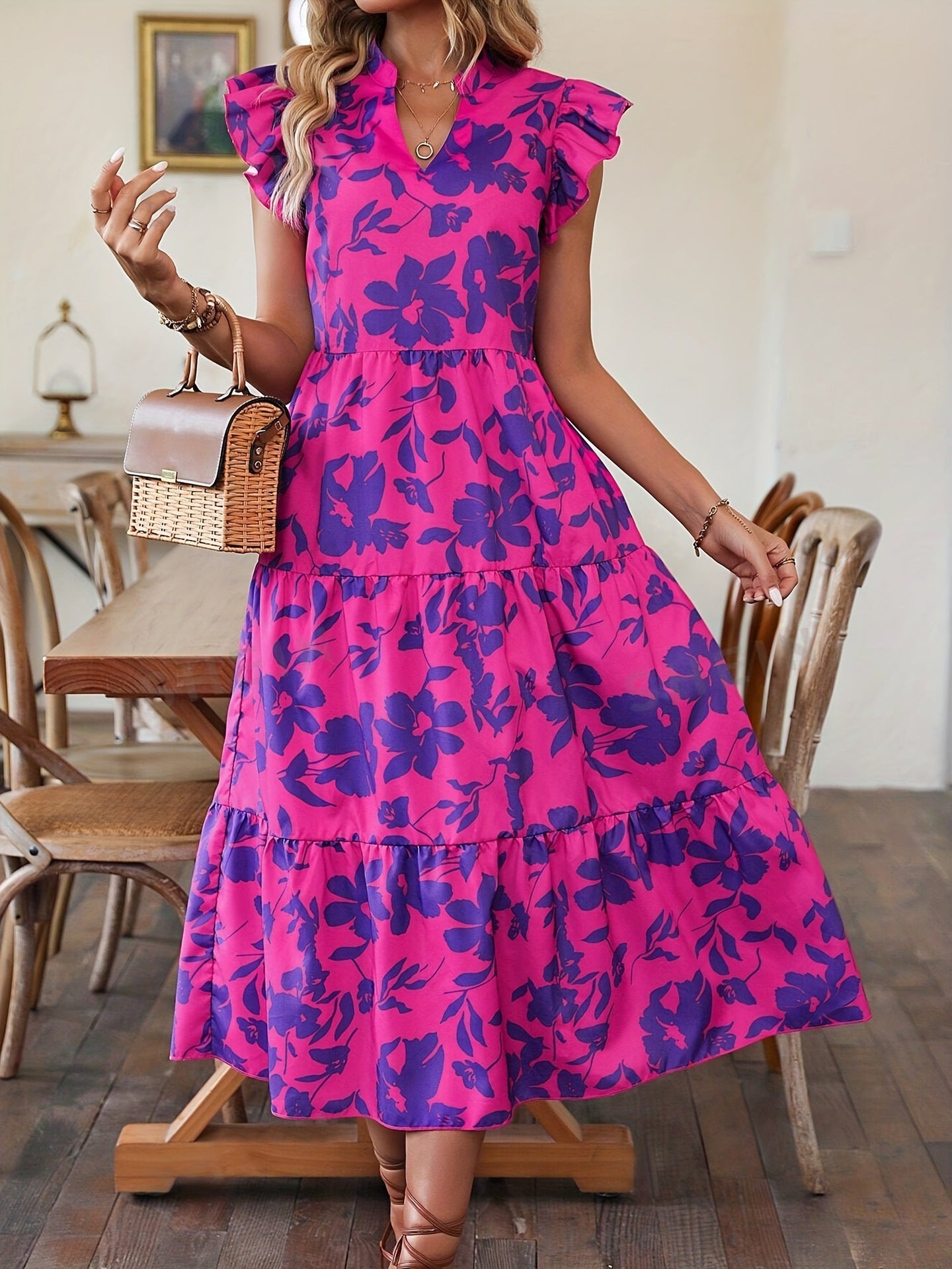 Ruffled Vacation Style Sleeveless Printed Dress