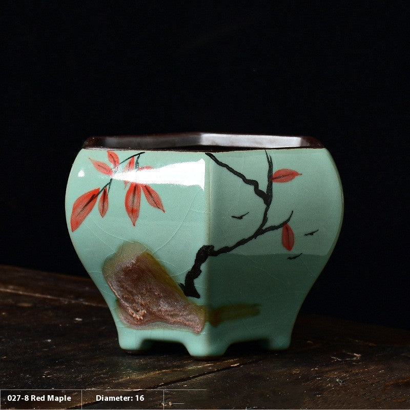 Celadon Hand Painted Ceramic Hexagonal Green Plant Pot