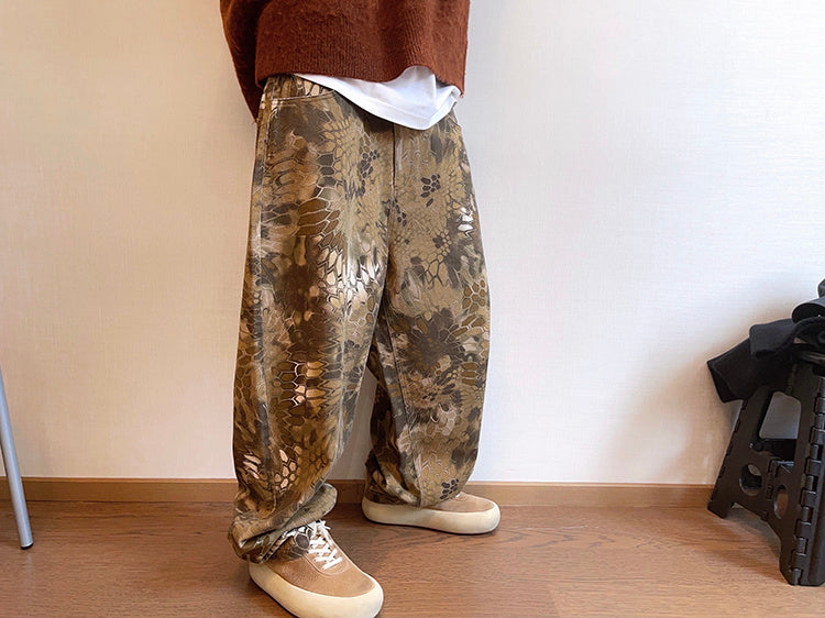 Spring Retro Canvas Snake Pattern Camouflage Heavy Washed Ruan Handsome Loose Casual Pants