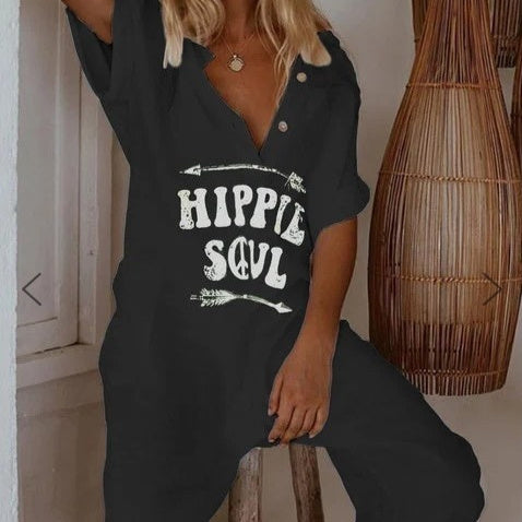 Women's Printed Lettered Casual Jumpsuit