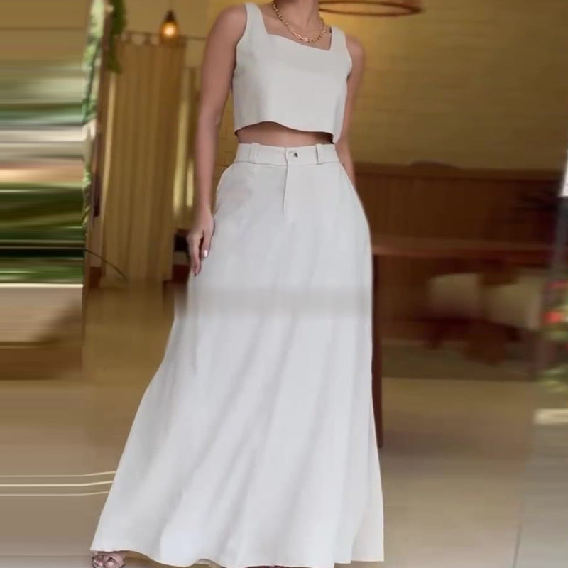 Woman Square-neck Short Sleeveless Sling High Waist Skirt Casual Suit